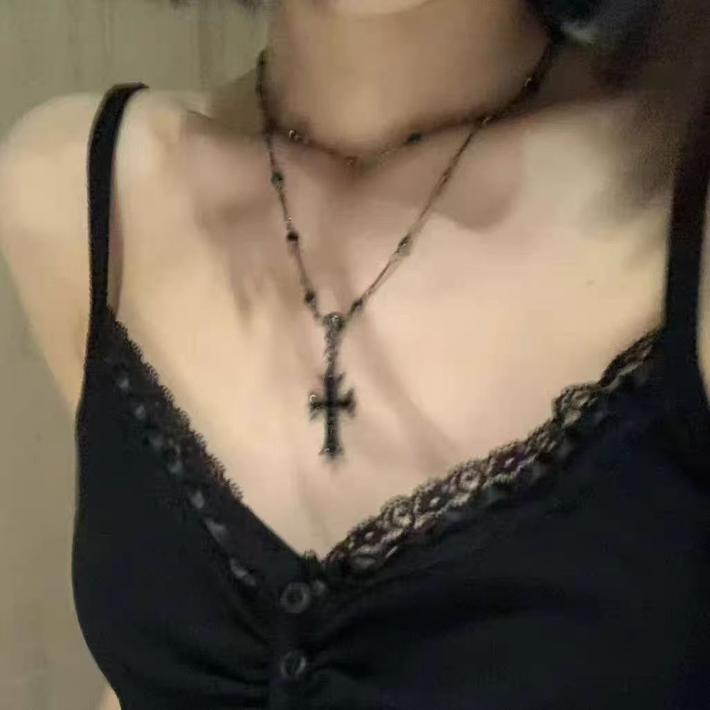 Double Layer Cross Necklace For Women In Dyed Black Copper, Perfect For Daily Wear