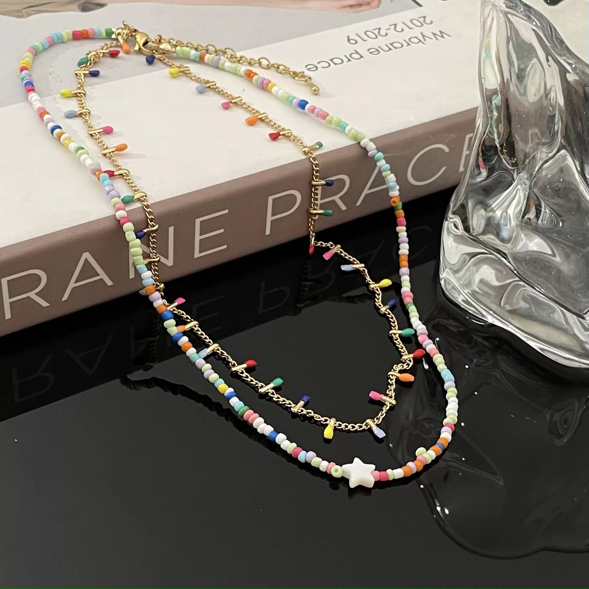 Sweet Double Layer Necklace For Women With Beading In Mixed Materials Featuring Colour And Ball Chain