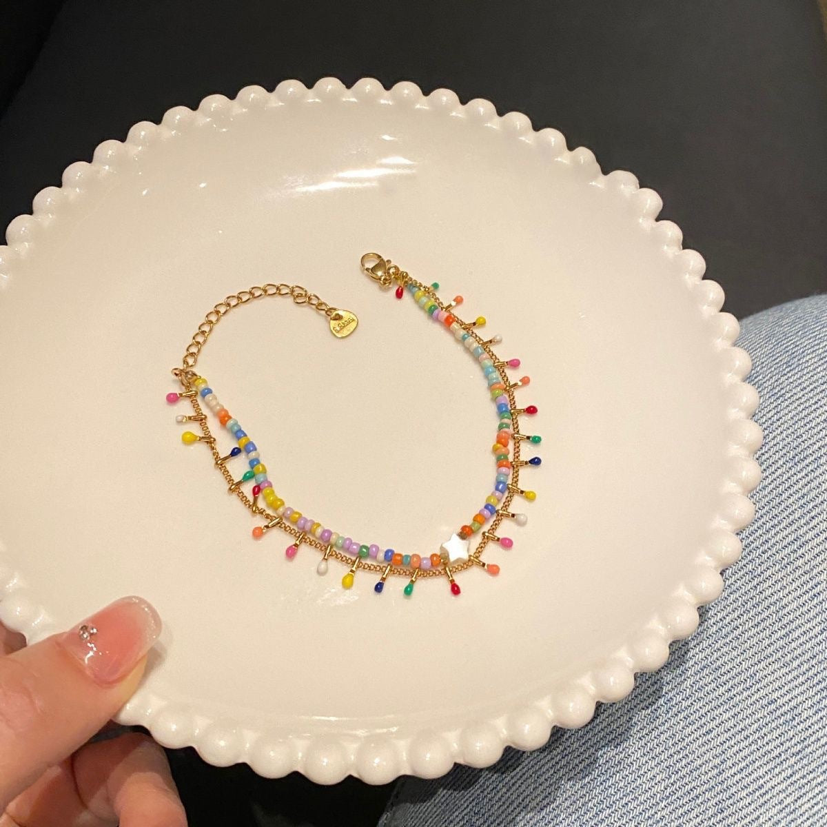 Sweet Double Layer Necklace For Women With Beading In Mixed Materials Featuring Colour And Ball Chain
