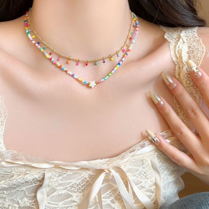Sweet Double Layer Necklace For Women With Beading In Mixed Materials Featuring Colour And Ball Chain