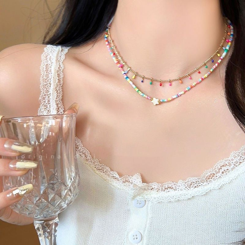 Sweet Double Layer Necklace For Women With Beading In Mixed Materials Featuring Colour And Ball Chain