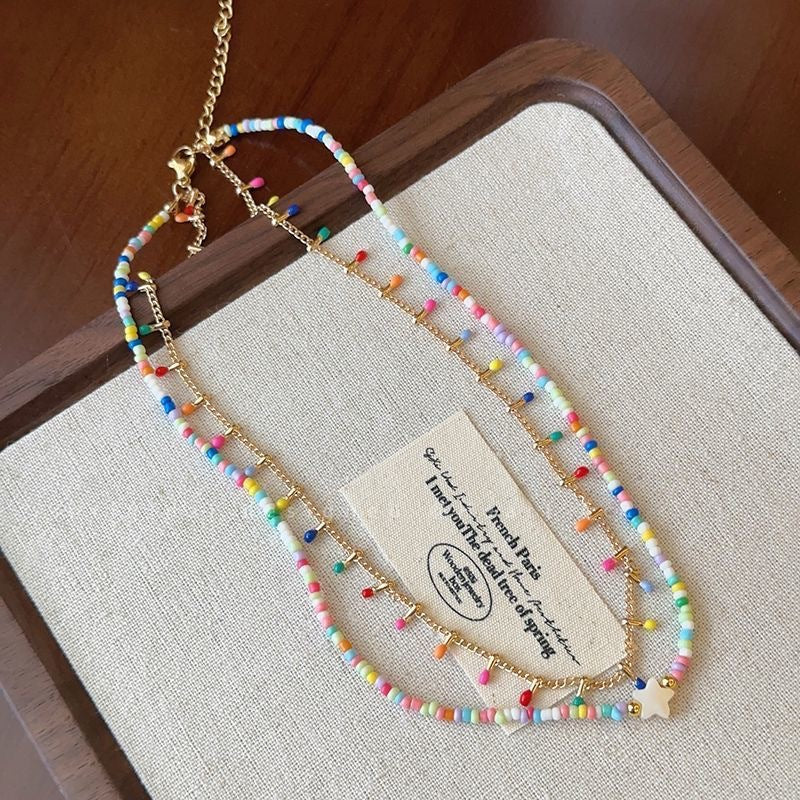 Sweet Double Layer Necklace For Women With Beading In Mixed Materials Featuring Colour And Ball Chain