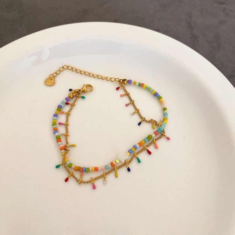 Sweet Double Layer Necklace For Women With Beading In Mixed Materials Featuring Colour And Ball Chain