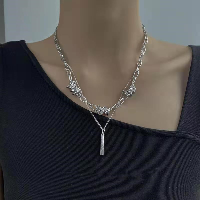 Geometric Double Layer Necklaces For Women In Hip-Hop Style With Electroplated Alloy Pendant And Box Chain