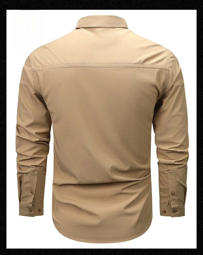 Solid Color Casual Long Sleeve Polyester Blouse With Multiple Pockets For Men