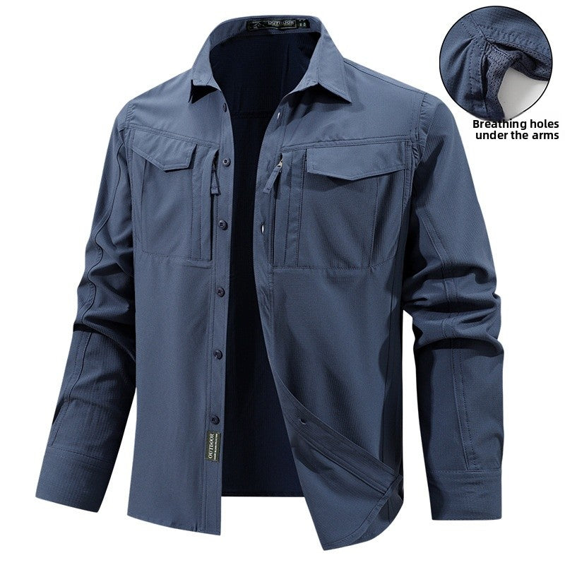 Solid Color Casual Long Sleeve Polyester Blouse With Multiple Pockets For Men