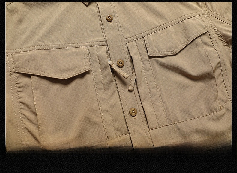 Solid Color Casual Long Sleeve Polyester Blouse With Multiple Pockets For Men