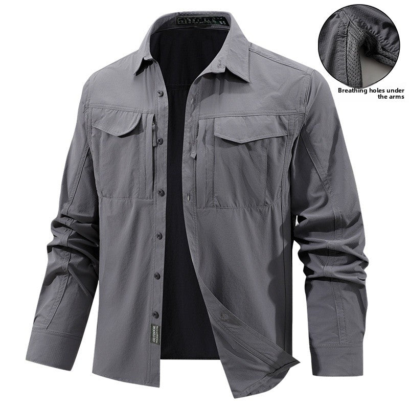 Solid Color Casual Long Sleeve Polyester Blouse With Multiple Pockets For Men