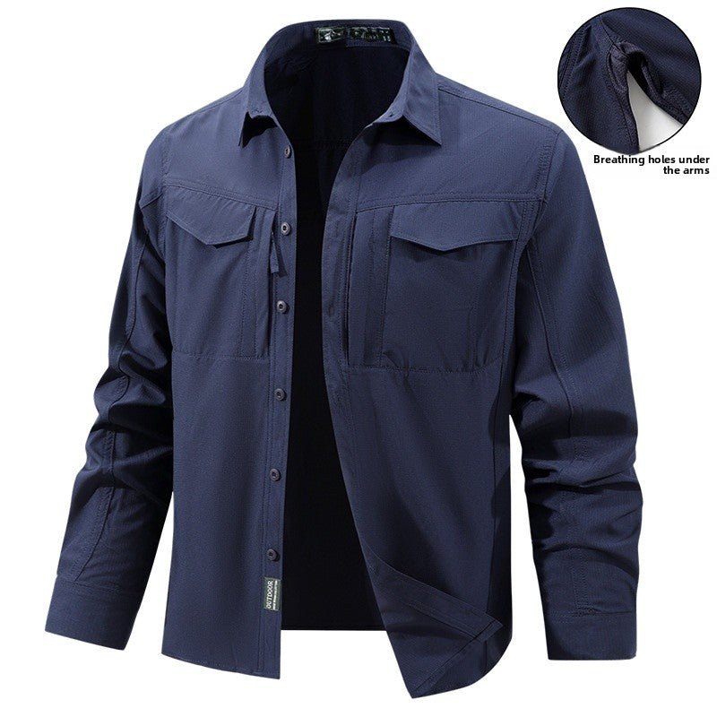 Solid Color Casual Long Sleeve Polyester Blouse With Multiple Pockets For Men