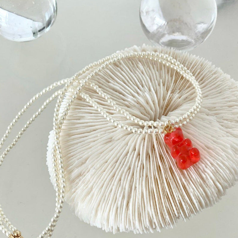 Little Bear Double Layer Necklaces In Sweet Style For Women, Electroplated Zinc Alloy With Imitation Pearl Pendant In Red