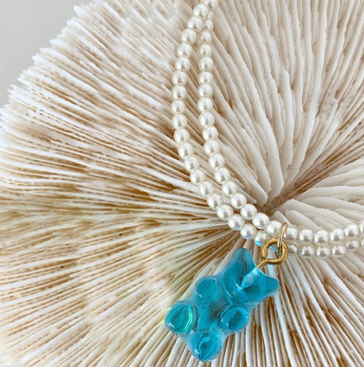 Little Bear Double Layer Necklaces In Sweet Style For Women, Electroplated Zinc Alloy With Imitation Pearl Pendant In Red
