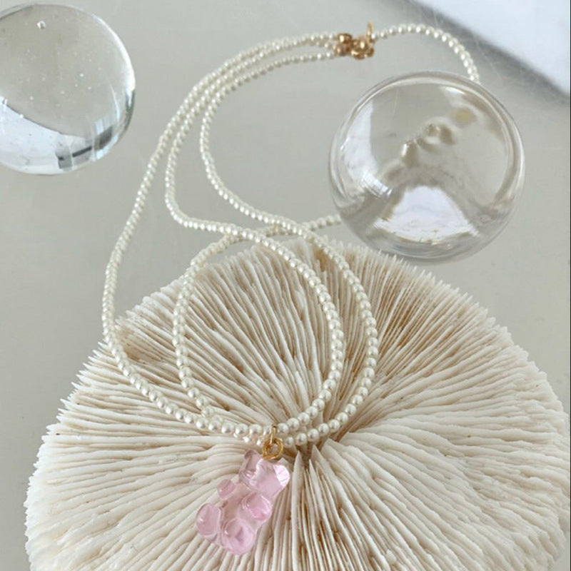 Little Bear Double Layer Necklaces In Sweet Style For Women, Electroplated Zinc Alloy With Imitation Pearl Pendant In Red