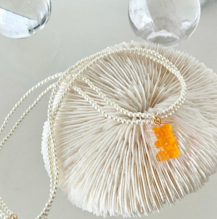 Little Bear Double Layer Necklaces In Sweet Style For Women, Electroplated Zinc Alloy With Imitation Pearl Pendant In Red