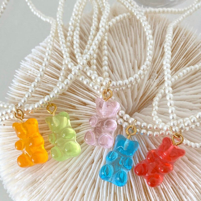 Little Bear Double Layer Necklaces In Sweet Style For Women, Electroplated Zinc Alloy With Imitation Pearl Pendant In Red