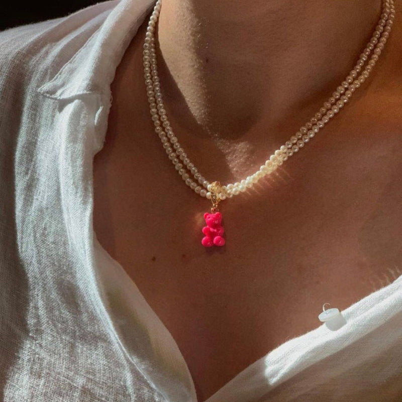 Little Bear Double Layer Necklaces In Sweet Style For Women, Electroplated Zinc Alloy With Imitation Pearl Pendant In Red