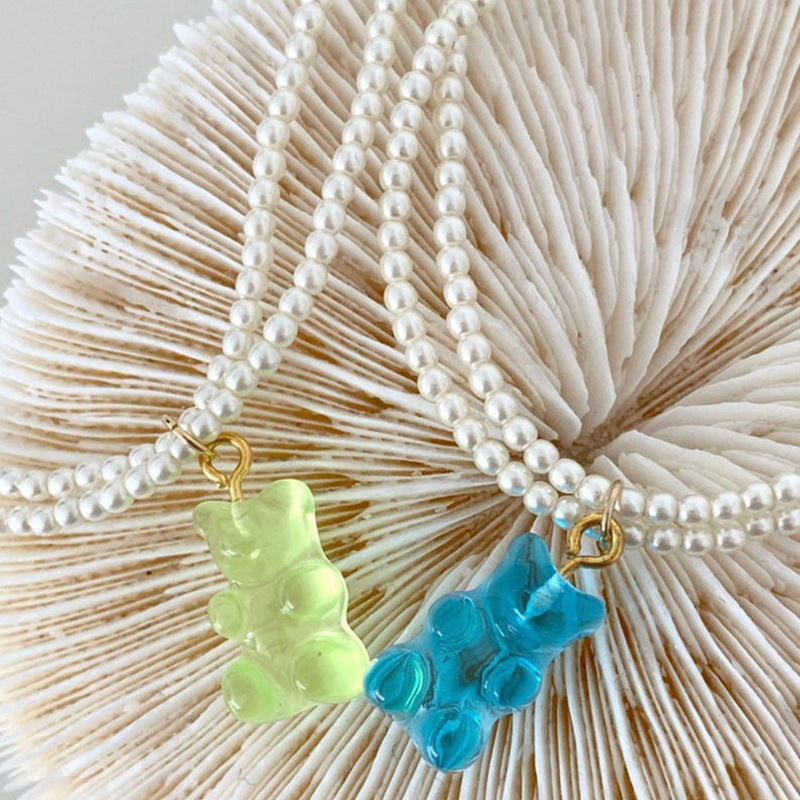 Little Bear Double Layer Necklaces In Sweet Style For Women, Electroplated Zinc Alloy With Imitation Pearl Pendant In Red