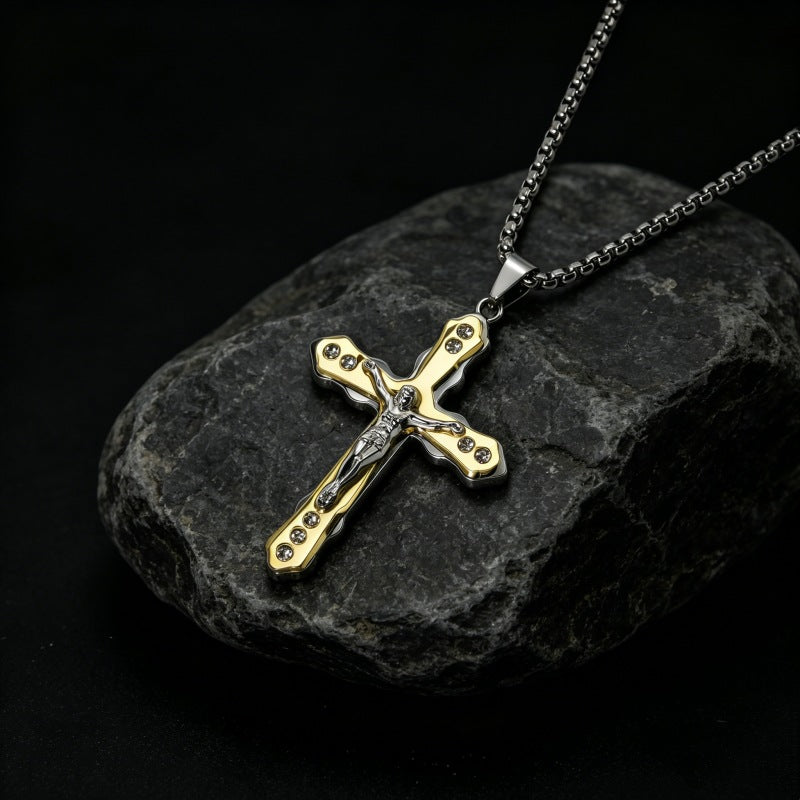 Hip-Hop Multicolor Cross Long Necklace For Unisex Featuring Electroplated Zinc Alloy Pendant