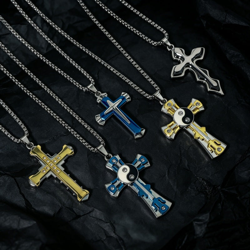 Hip-Hop Multicolor Cross Long Necklace For Unisex Featuring Electroplated Zinc Alloy Pendant