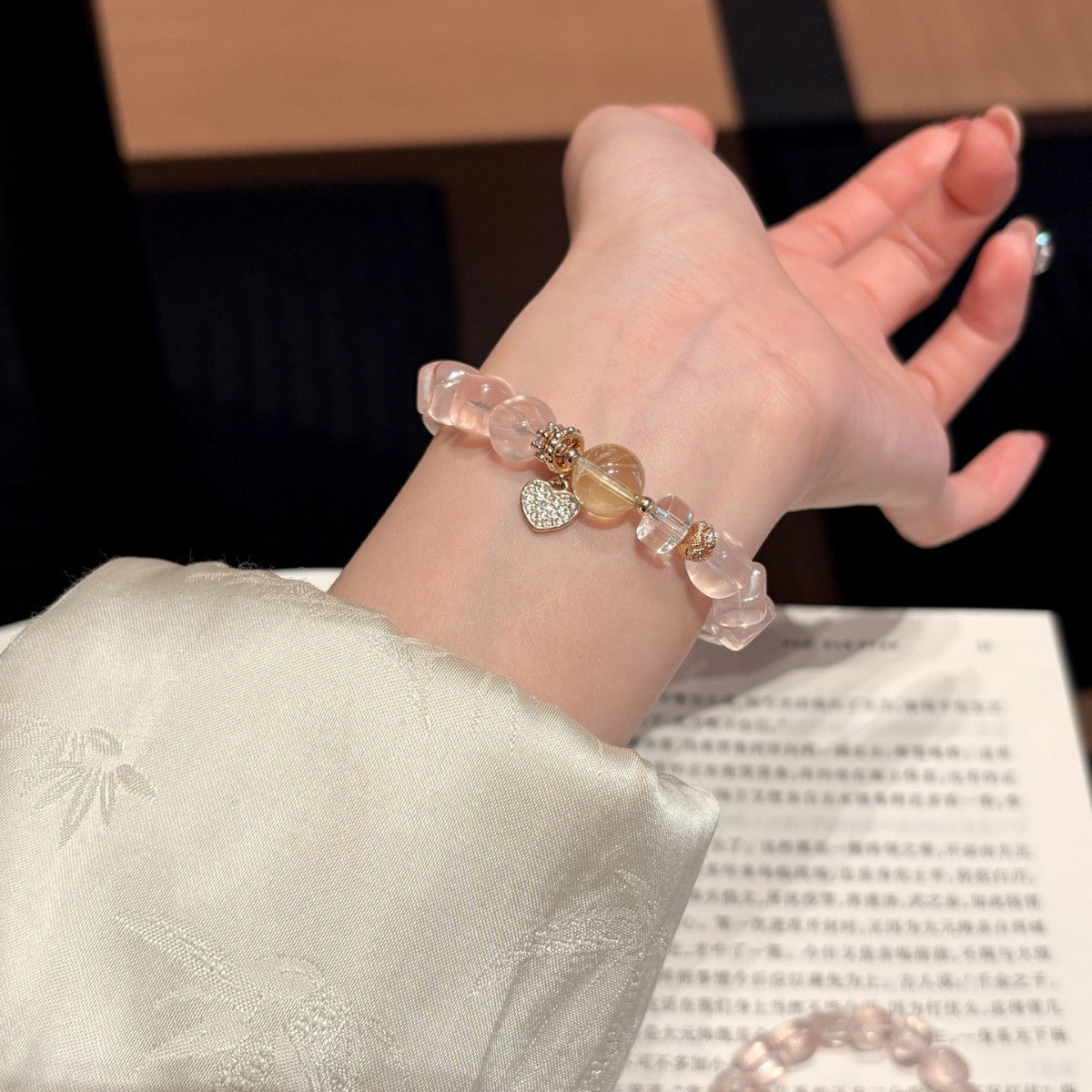 Heart Shape Beaded Natural Stone Bracelet For Women In Natural Pink, Perfect For Festival Occasions