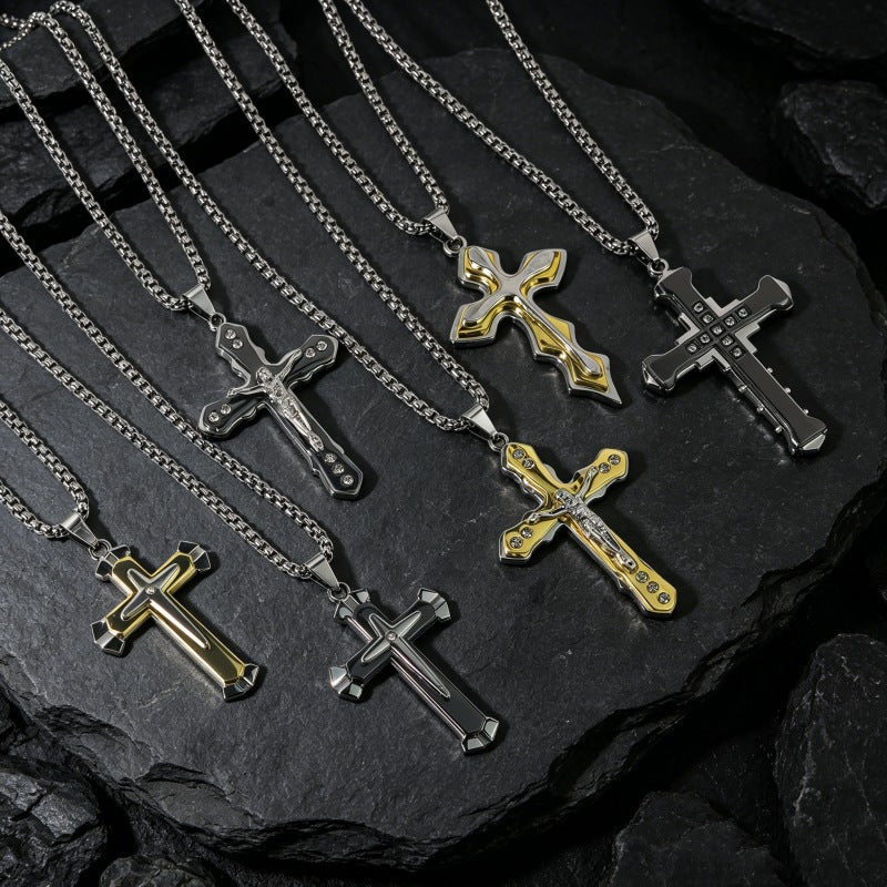 Hip-Hop Multicolor Cross Long Necklace For Unisex Featuring Electroplated Zinc Alloy Pendant
