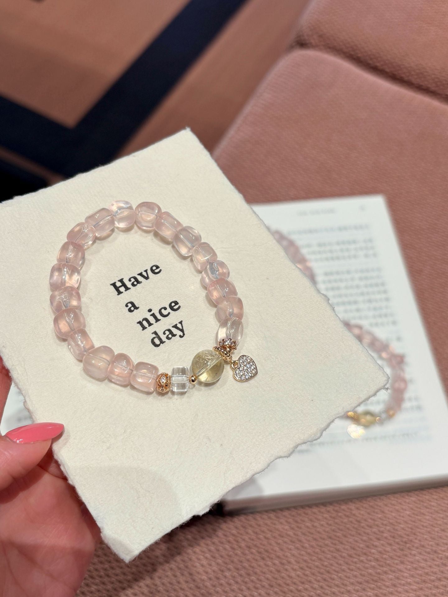 Heart Shape Beaded Natural Stone Bracelet For Women In Natural Pink, Perfect For Festival Occasions