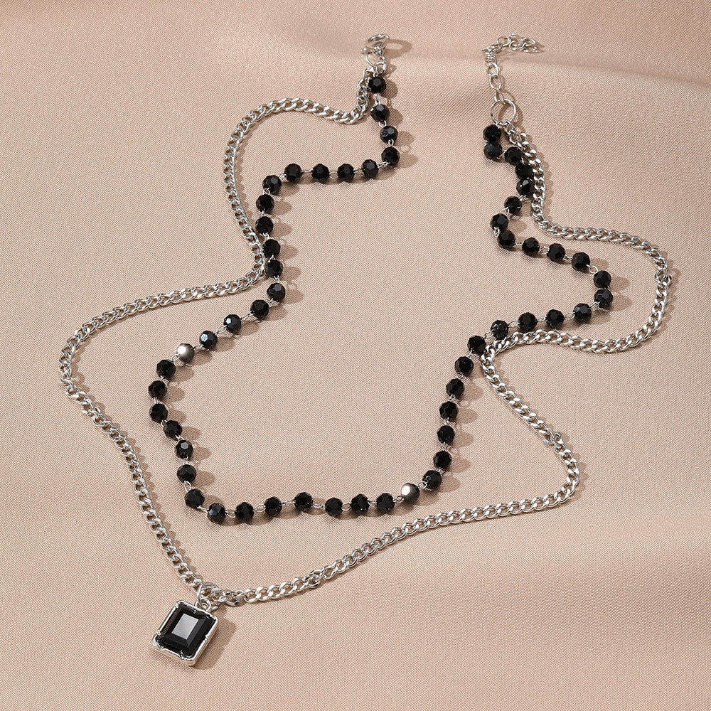 Double Layer Necklace For Women Featuring Dyed Black Gem And Alloy Pendant With Rhinestone Inlay