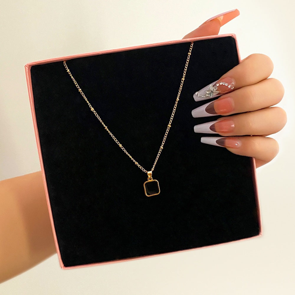 Double Layer Necklace For Women Featuring Dyed Black Gem And Alloy Pendant With Rhinestone Inlay