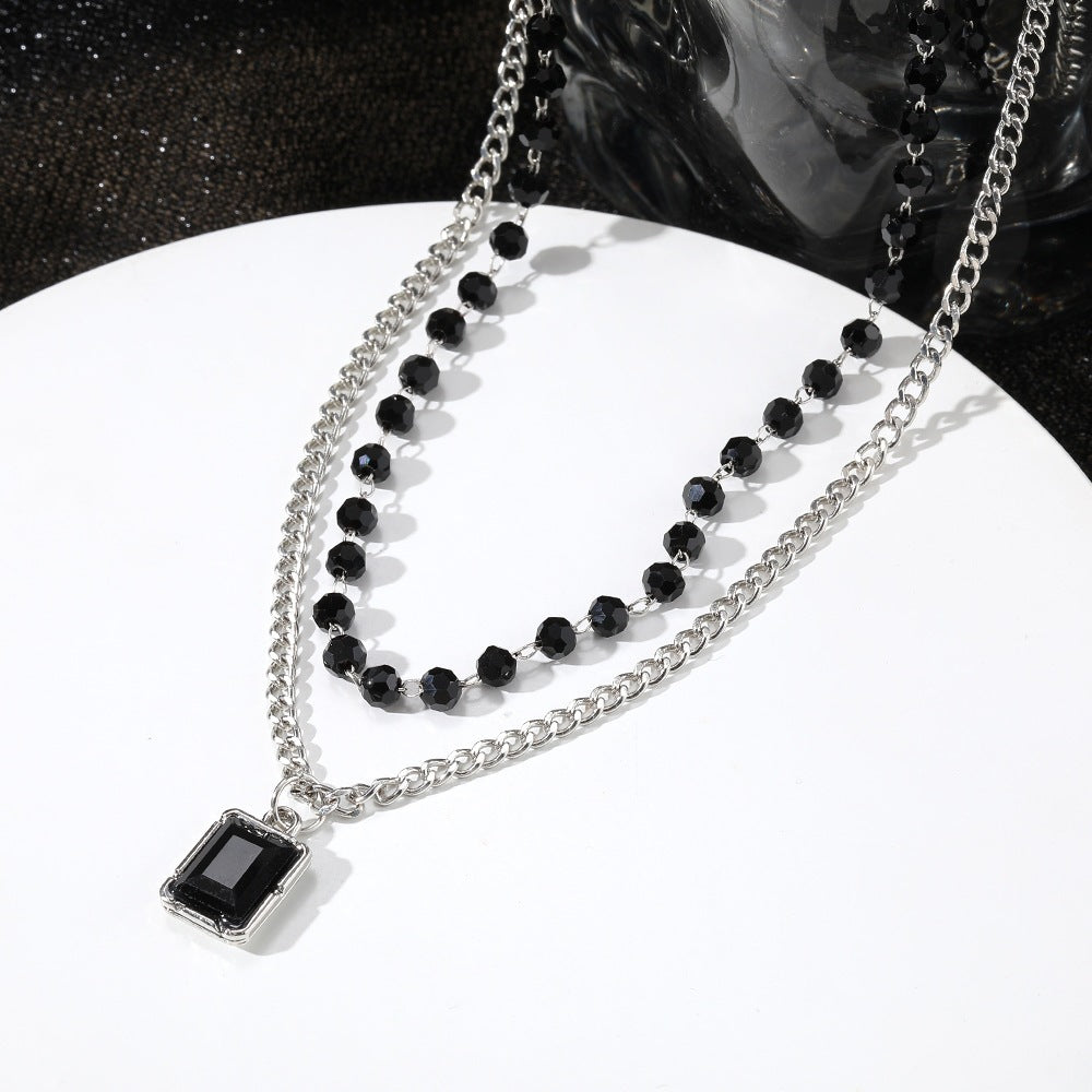 Double Layer Necklace For Women Featuring Dyed Black Gem And Alloy Pendant With Rhinestone Inlay