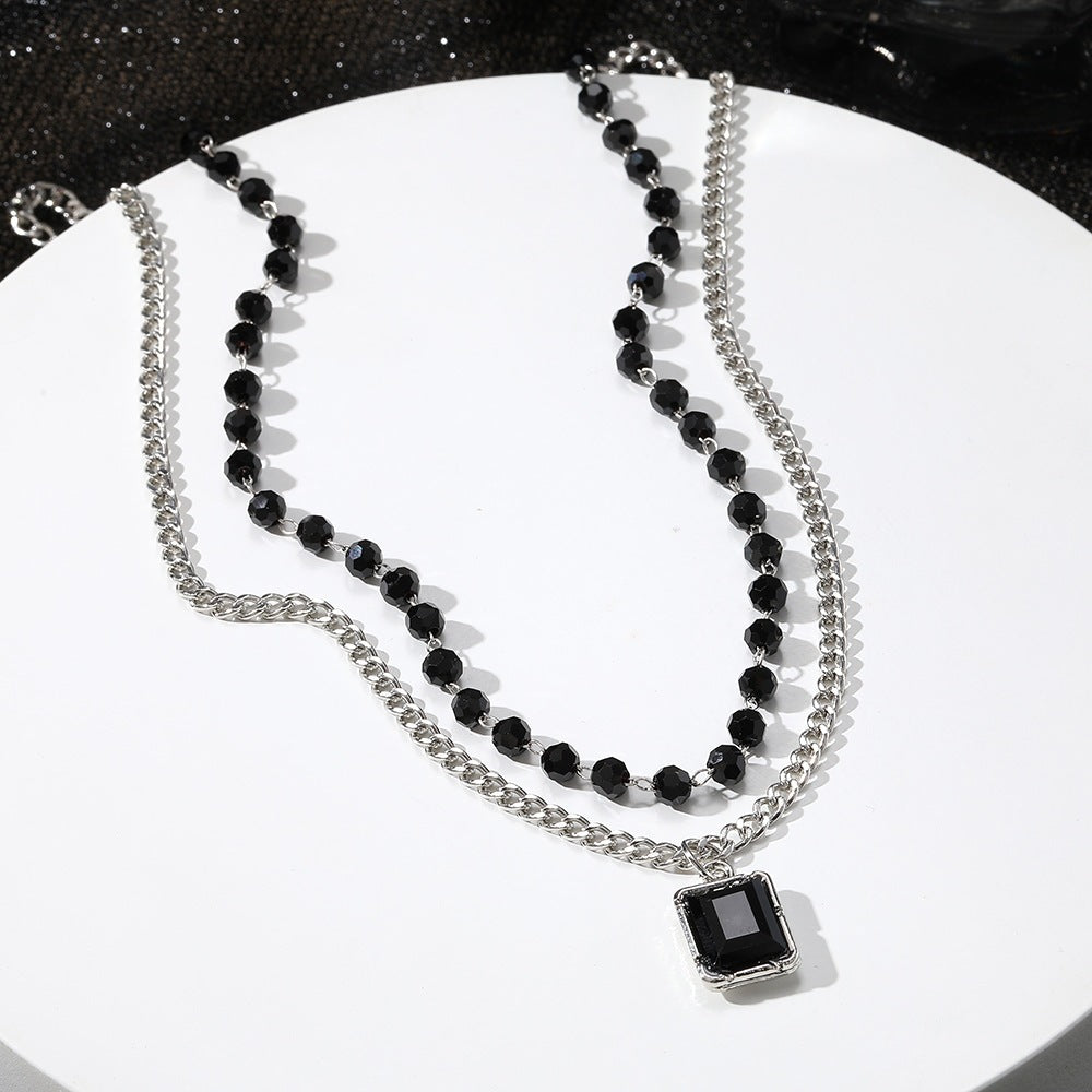 Double Layer Necklace For Women Featuring Dyed Black Gem And Alloy Pendant With Rhinestone Inlay
