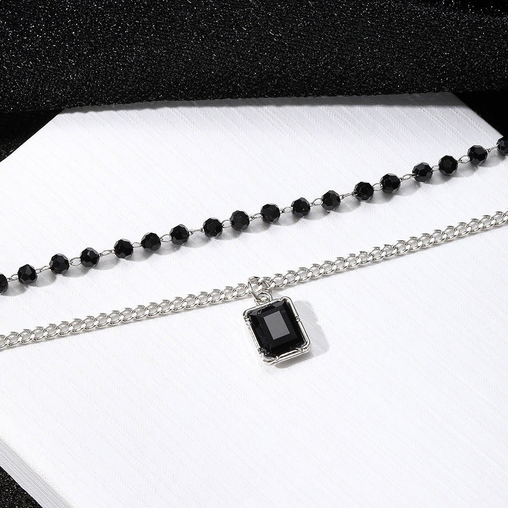 Double Layer Necklace For Women Featuring Dyed Black Gem And Alloy Pendant With Rhinestone Inlay