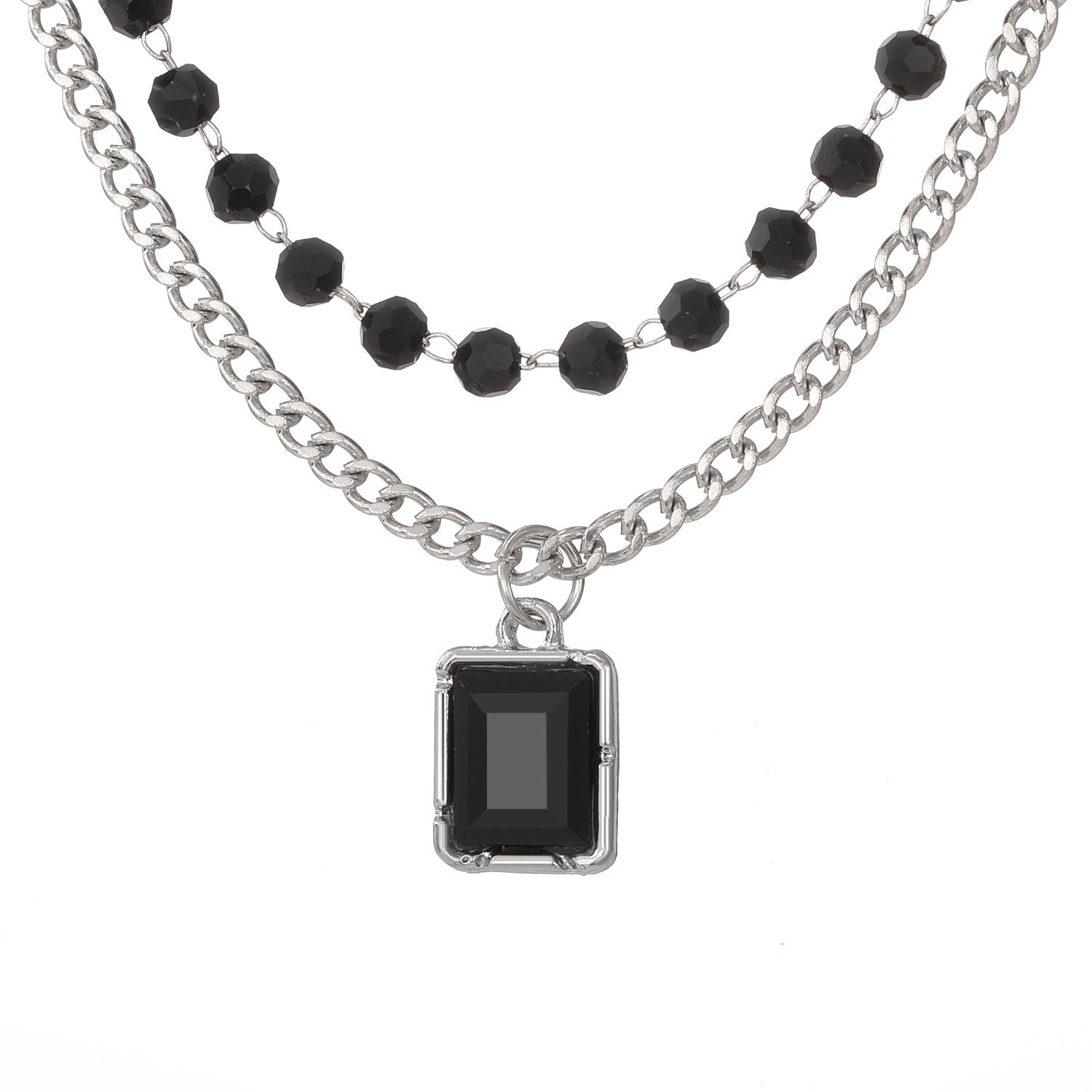 Double Layer Necklace For Women Featuring Dyed Black Gem And Alloy Pendant With Rhinestone Inlay