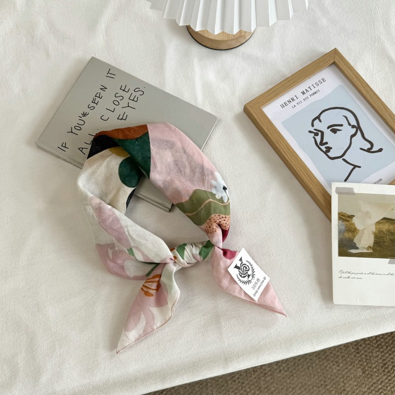 Artistic Landscape Cotton Silk Scarf For Women In Natural Pink, Perfect For Spring & Summer