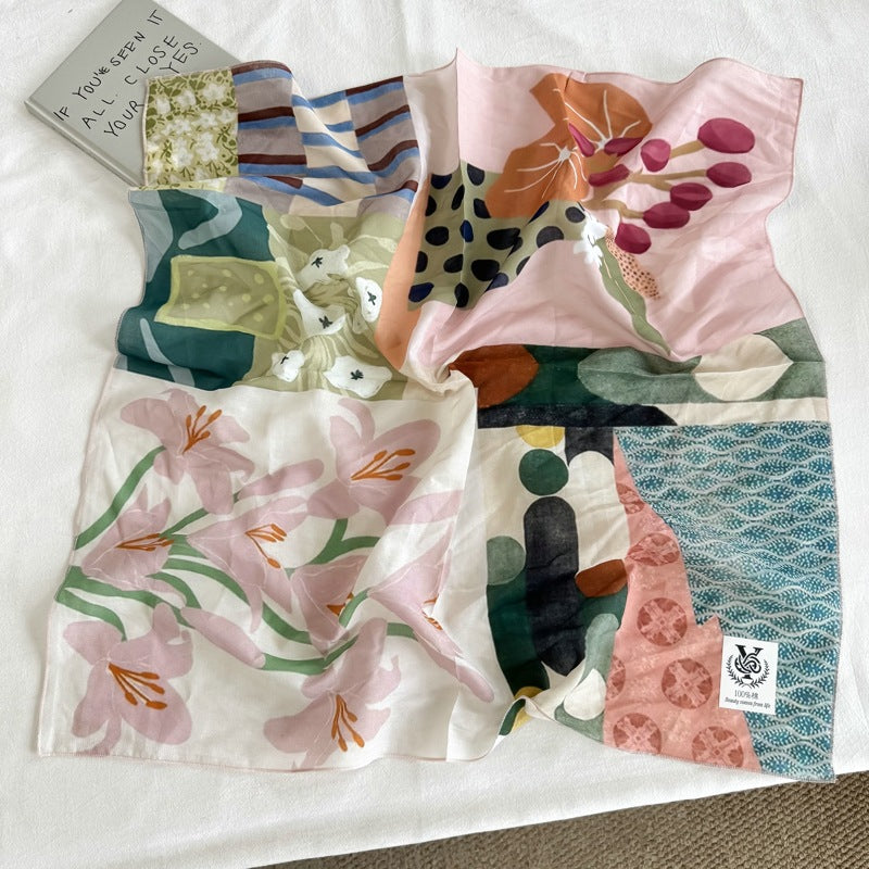 Artistic Landscape Cotton Silk Scarf For Women In Natural Pink, Perfect For Spring & Summer