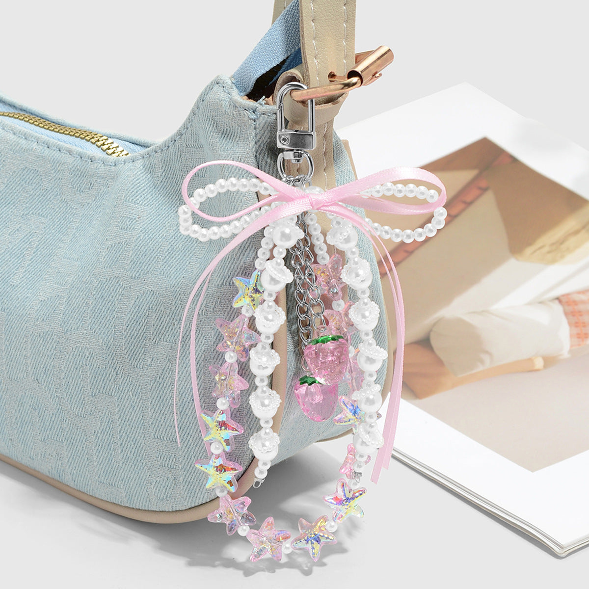 Heart Shape Key Chain In Natural Pink Featuring Alloy Material With Resin Inlay