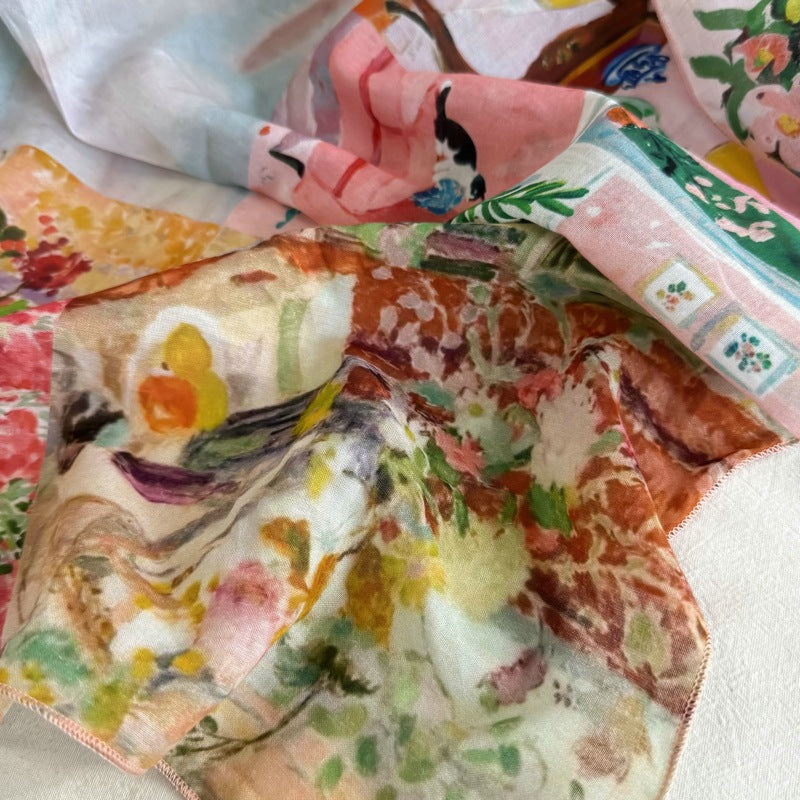 Artistic Landscape Cotton Silk Scarf For Women In Natural Pink, Perfect For Spring & Summer