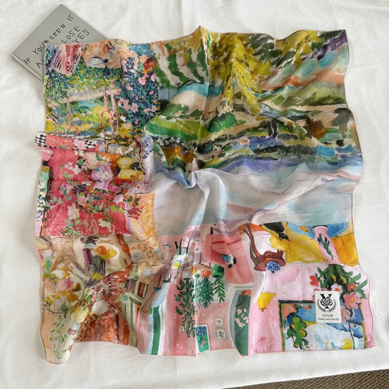 Artistic Landscape Cotton Silk Scarf For Women In Natural Pink, Perfect For Spring & Summer