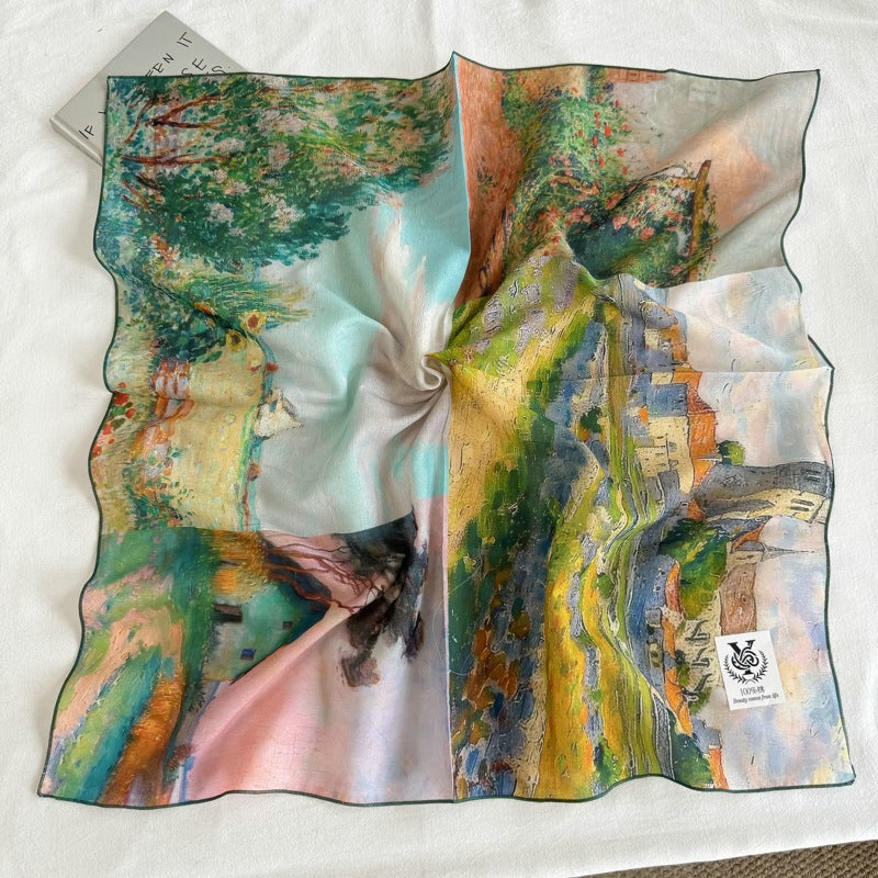 Artistic Landscape Cotton Silk Scarf For Women In Natural Pink, Perfect For Spring & Summer