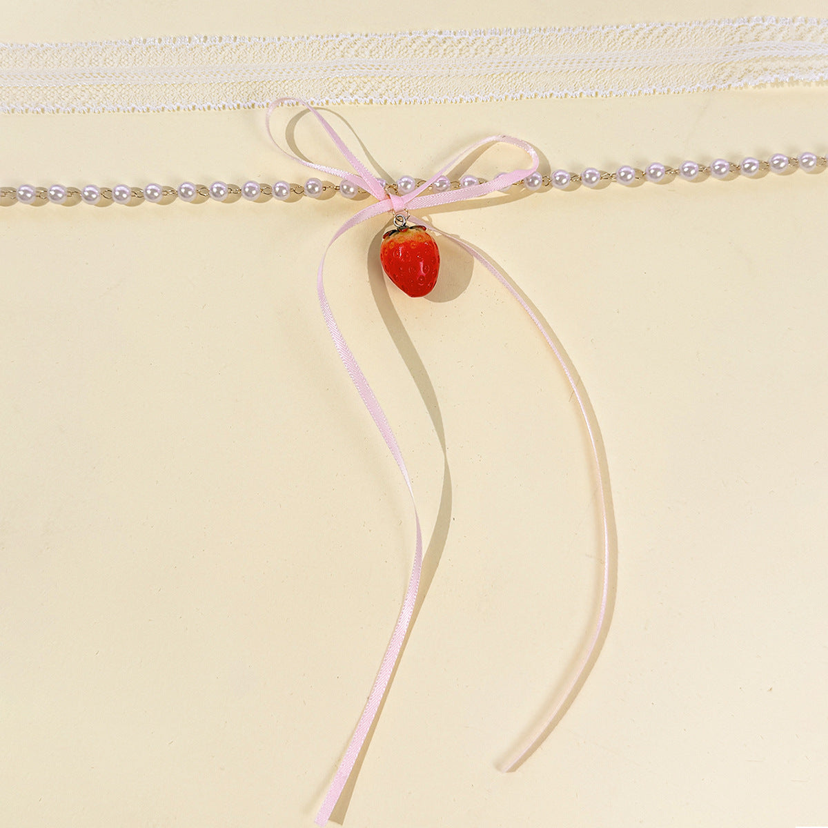 Sweet Natural Pink Lace Double Layer Necklace For Women With Resin Pendant, Crafted From Mixed Materials