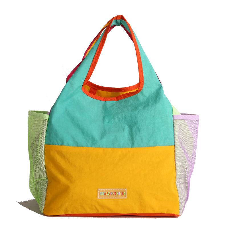 Color Block Square Polyester Tote Bag Featuring Sewing Thread With Single Shoulder Strap, Perfect For Summer