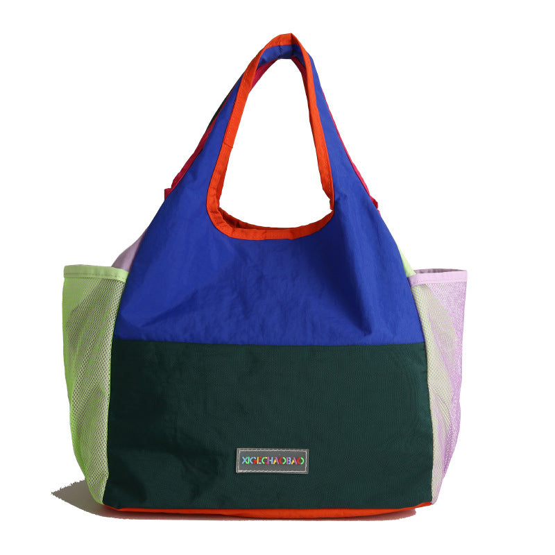 Color Block Square Polyester Tote Bag Featuring Sewing Thread With Single Shoulder Strap, Perfect For Summer