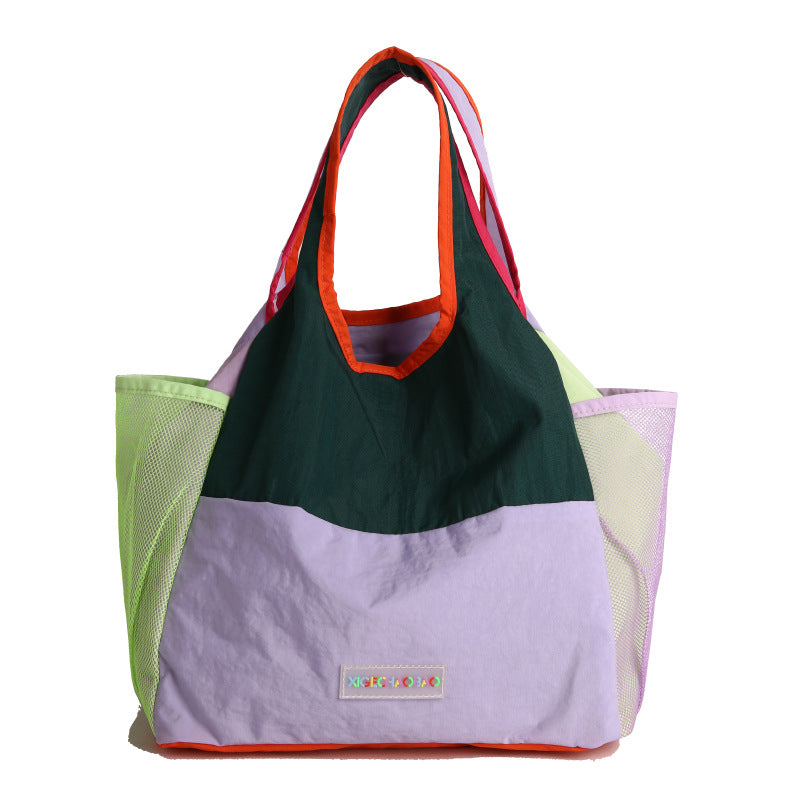 Color Block Square Polyester Tote Bag Featuring Sewing Thread With Single Shoulder Strap, Perfect For Summer
