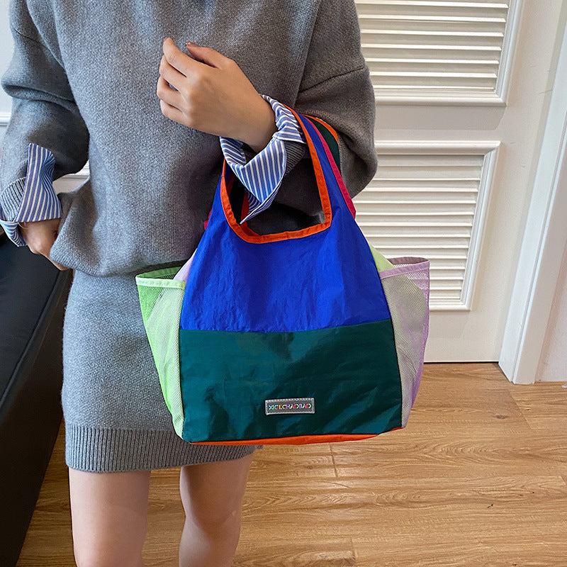 Color Block Square Polyester Tote Bag Featuring Sewing Thread With Single Shoulder Strap, Perfect For Summer
