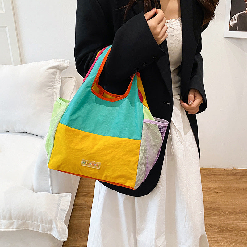 Color Block Square Polyester Tote Bag Featuring Sewing Thread With Single Shoulder Strap, Perfect For Summer
