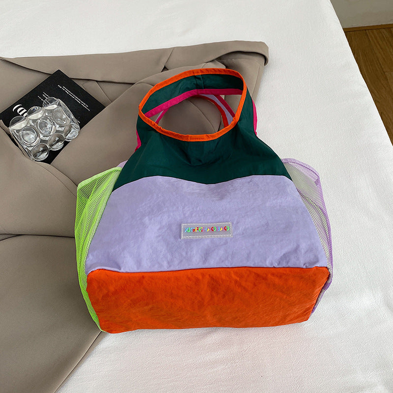 Color Block Square Polyester Tote Bag Featuring Sewing Thread With Single Shoulder Strap, Perfect For Summer