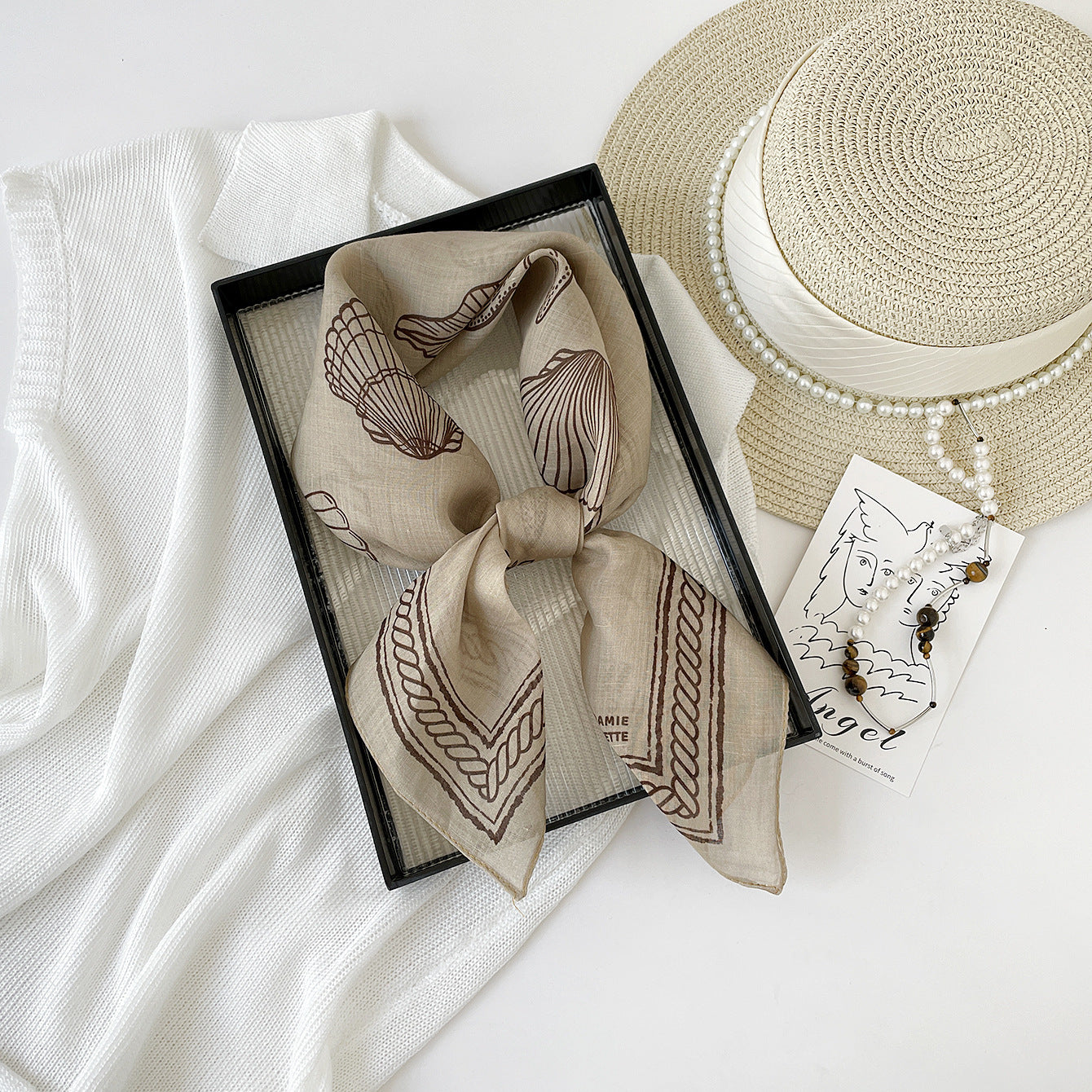 French Style Conch Linen Silk Scarf For Women In Light Blue, Perfect For Spring