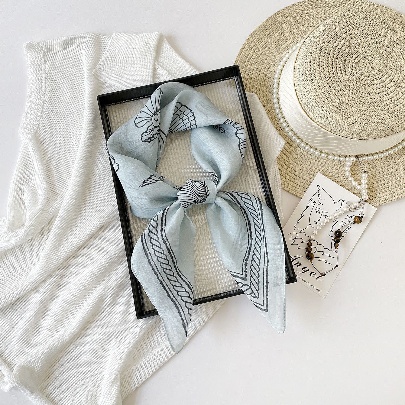 French Style Conch Linen Silk Scarf For Women In Light Blue, Perfect For Spring