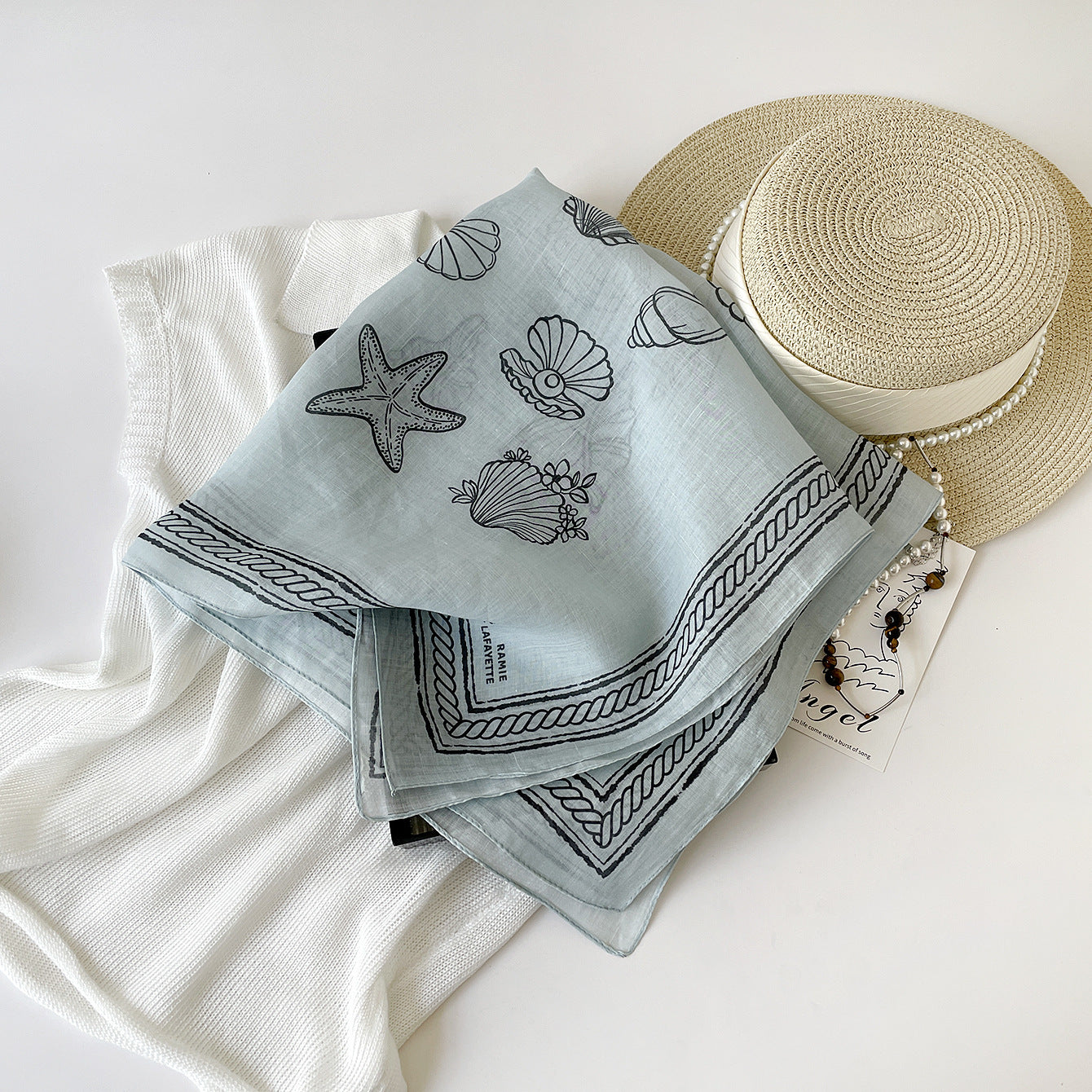French Style Conch Linen Silk Scarf For Women In Light Blue, Perfect For Spring