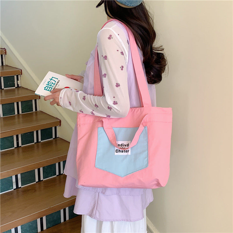 Color Block Square Canvas Tote Bag For Women With Top Handle, Perfect For  Spring And Summer