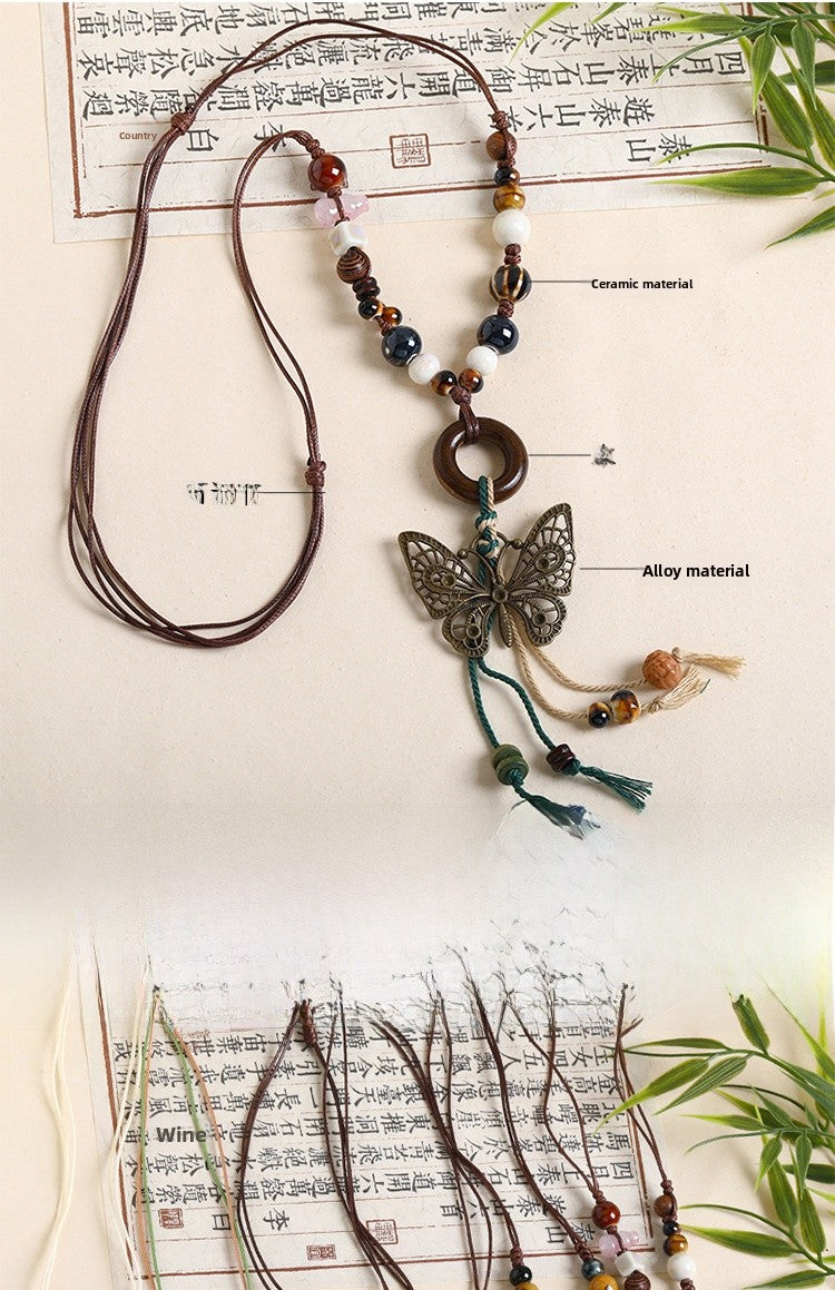 Ethnic Style Unisex Butterfly Braid Sweater Chain Necklace Featuring Ceramic Pendant With Woven Chain