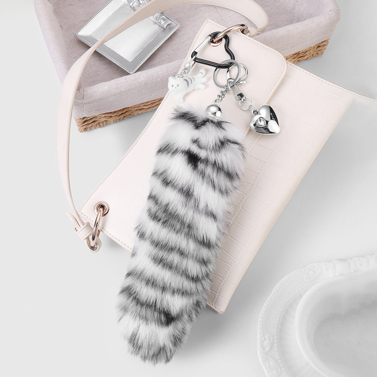 Black And White Plush Animal Key Chain Featuring Soft Material For Stylish Accessory